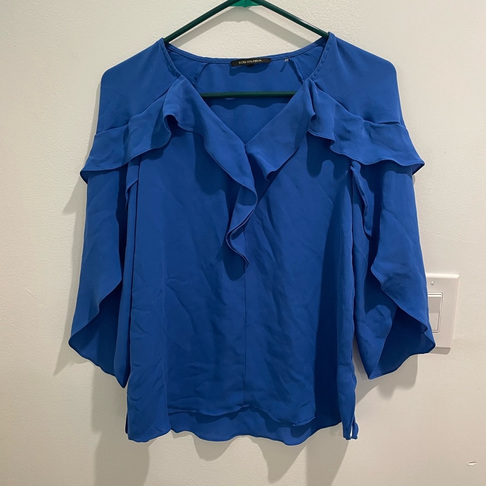 Kobi Halperin Blue Flutter Sleeve Blouse